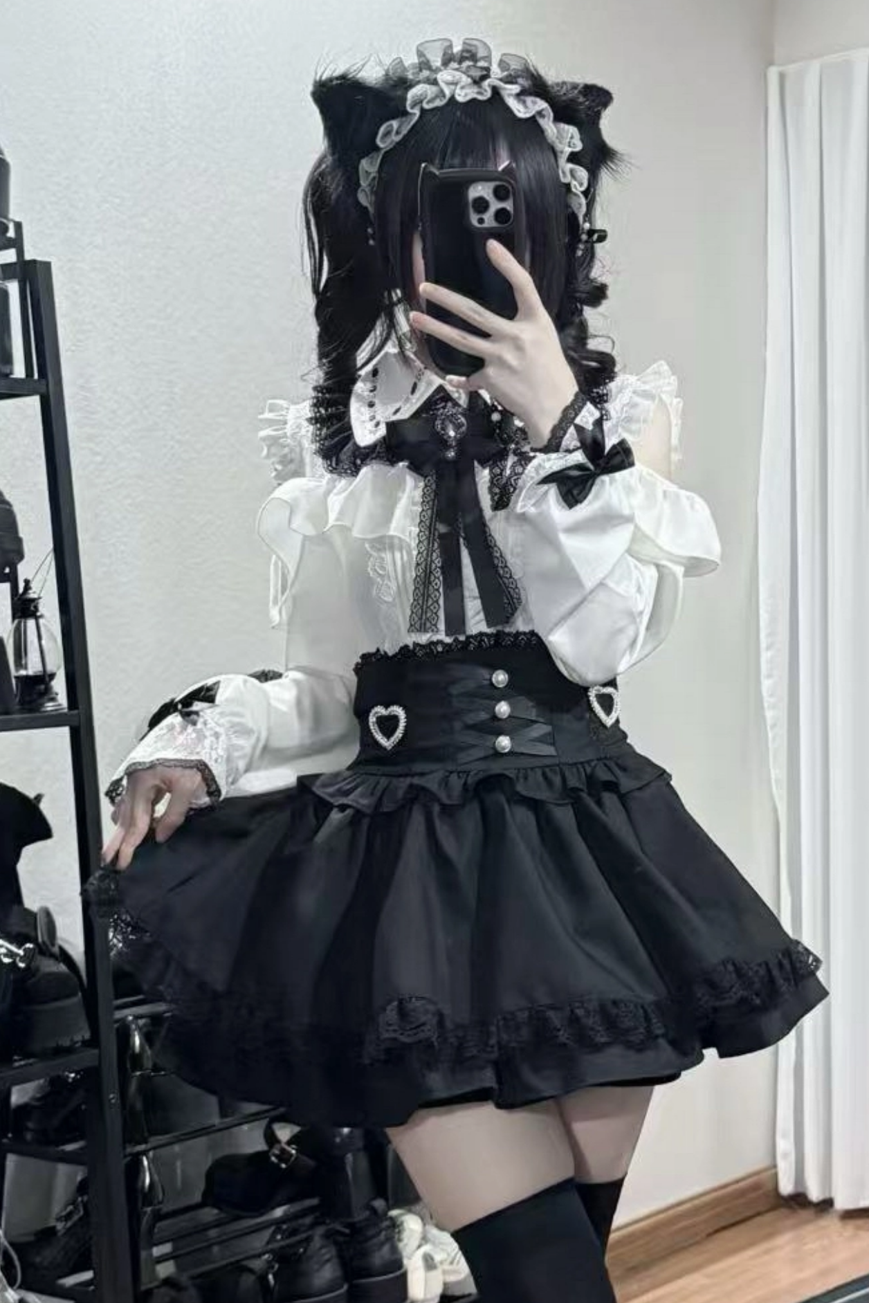 地雷ロングスリーブシャツ+ハイウエストスカート+リボンネクタイ