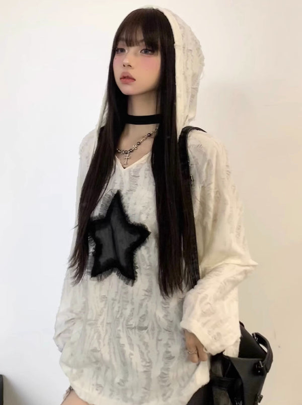 Top Star Whole Loose Bottom Shirt Long T & White Hoodie