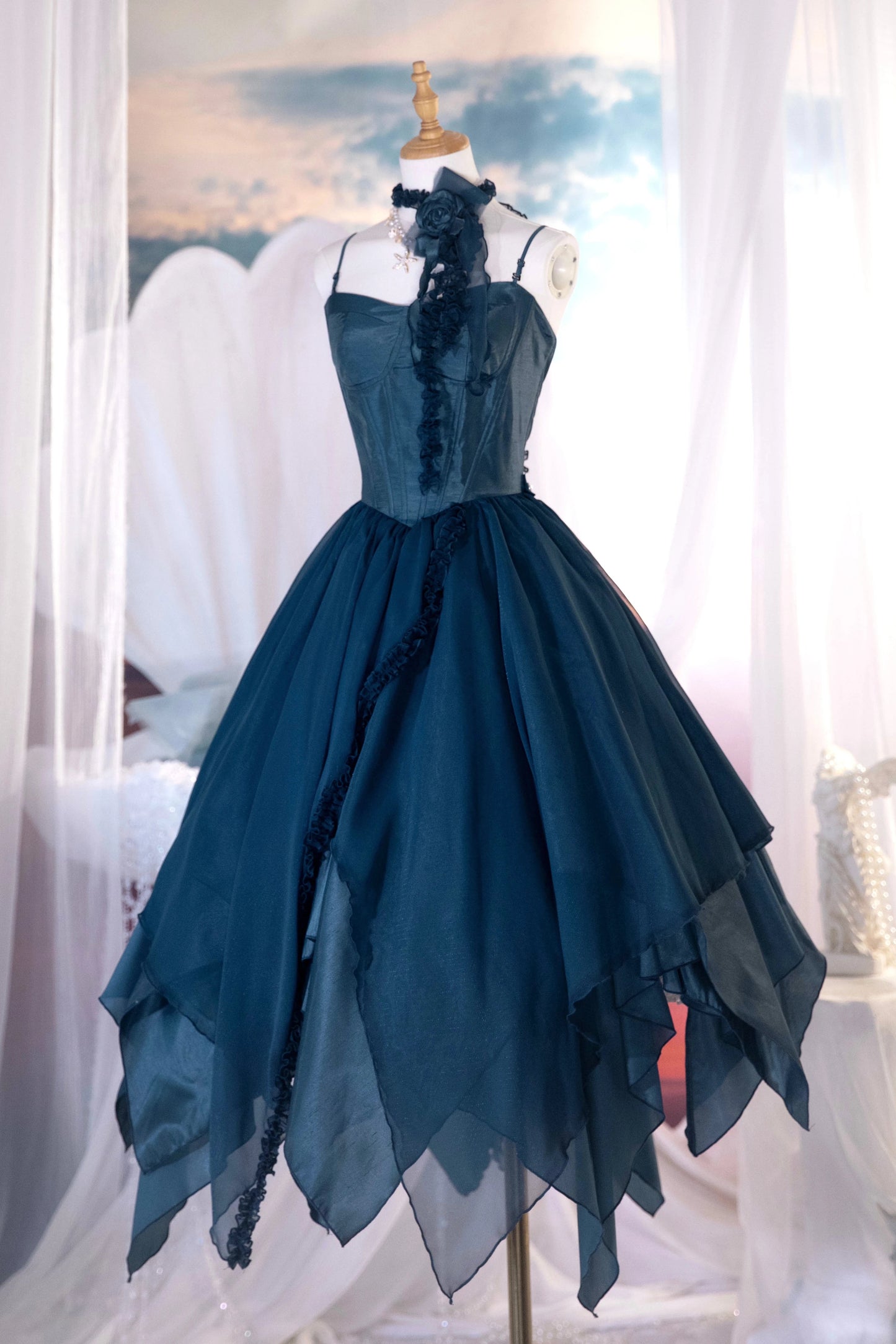 [Reservierungsschluss 1. Juni] Dunkelblau/Pink/Dunkelpetrol Atlantis Dark-Fantasy-Lolita Sternen-Korsett asymmetrisches Bustier-JKS-Kleid