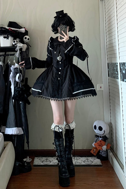 Gothic Doll Striped Lolita Dress + Sleeve