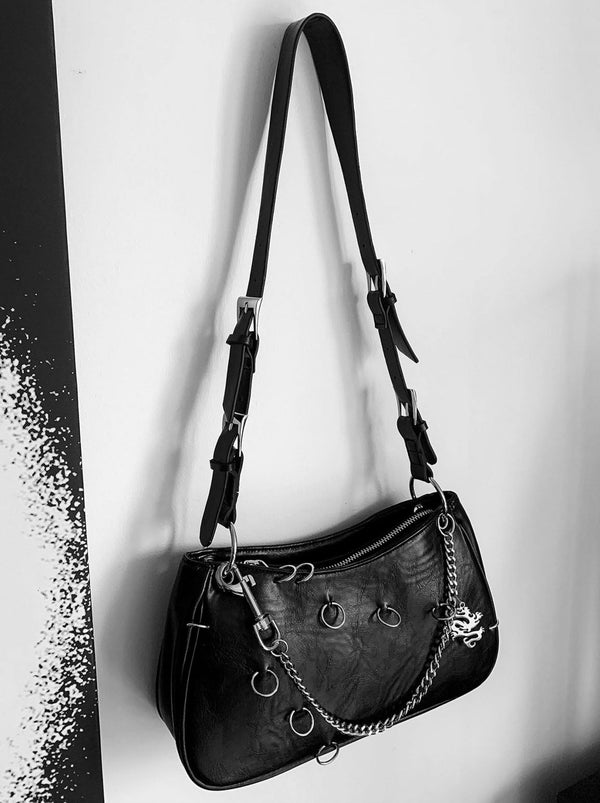 Retro punk metal ring chain oil waxed leather bag