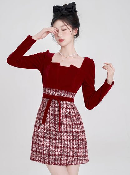 Red Check Tweed Ribbon Velour Dress