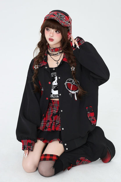 Plaid Embroidered Baseball Jacket