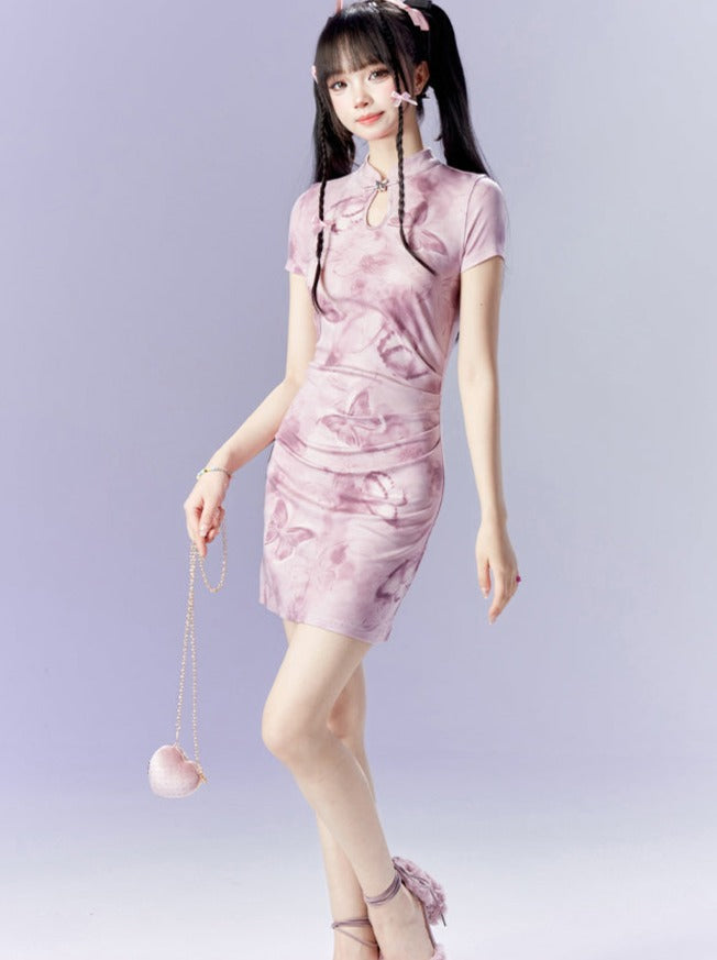 Sweet Pinky Butterfly Short China Dress