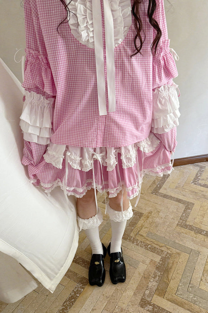 Camisa de patchwork con cuadrícula rosa muñeca