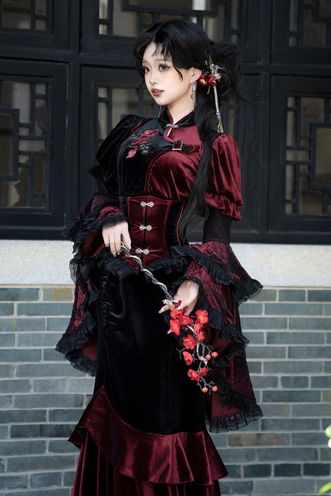 Graceful Black Red China Dark Elegant Long Dress