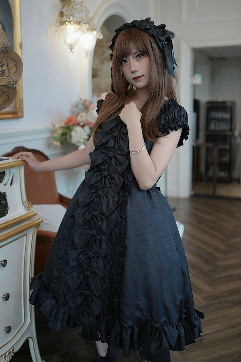 [November 15 Reservation Deadline] Black Gothic Doll-Style Front-And-Back Two-Way Ruffle Ribbon Lolita Dress (Short/Long) + Matching Shorts (Short/Long) + BB Hat