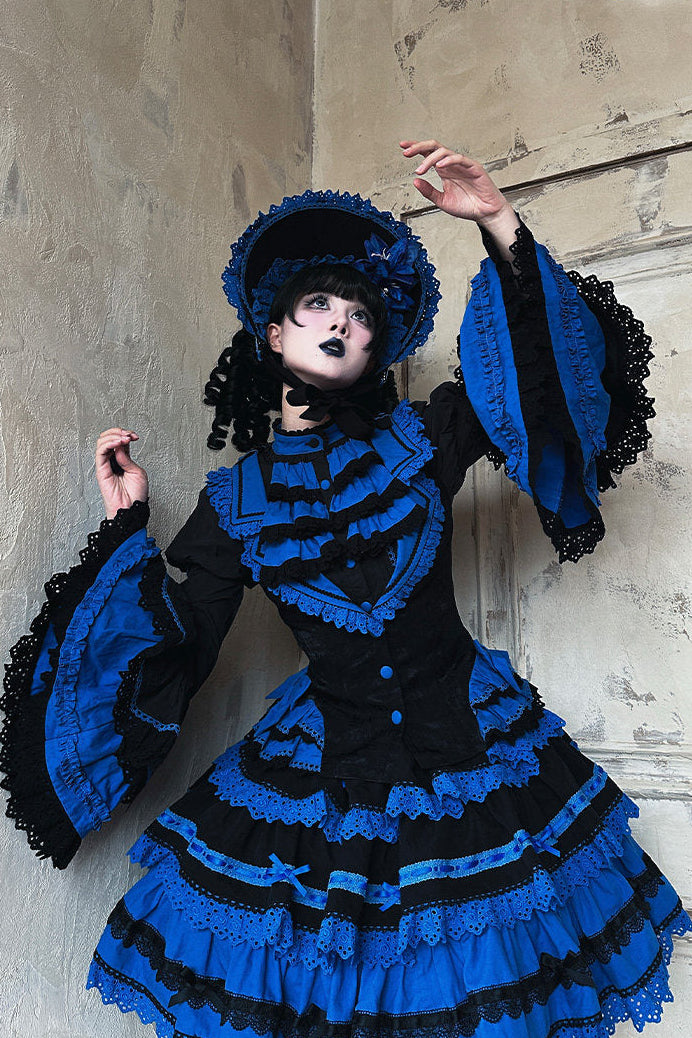 [Vorbestellfrist: 13. Juli] Kleinblaue Gothic-Lolita-Rüschen-Stufenkleid-Komplettset