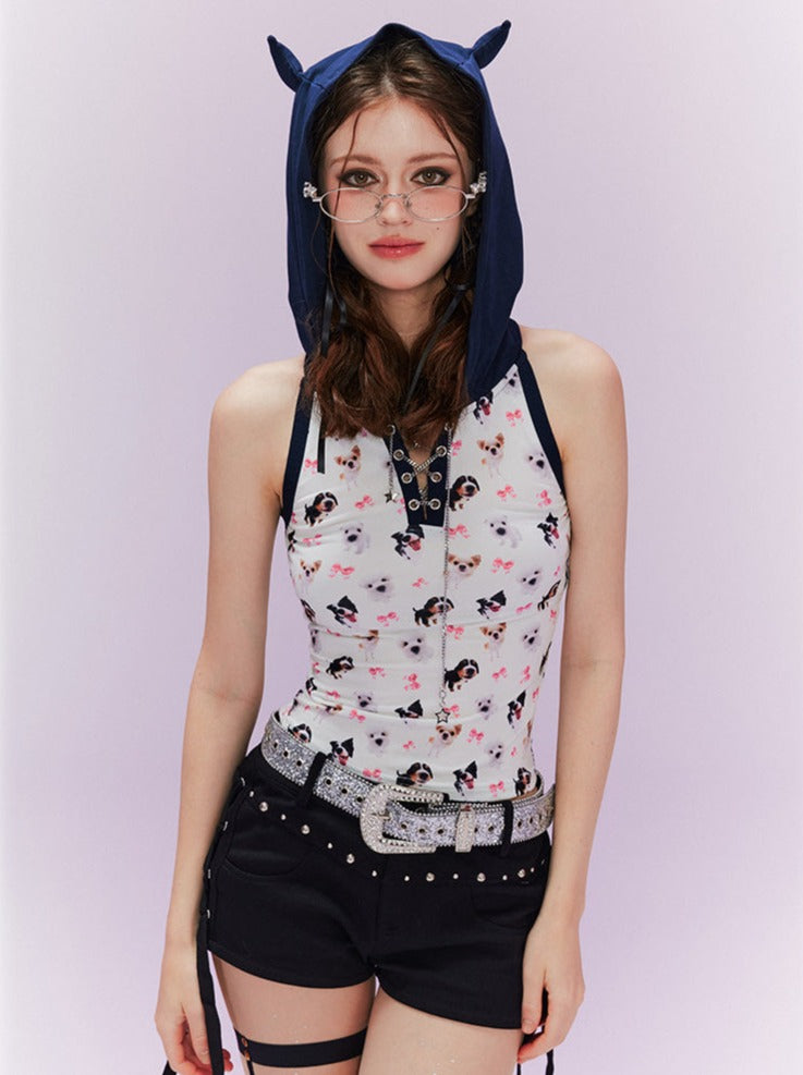 Dog Sleeveless Hooded Top + Side Ribbon Shorts