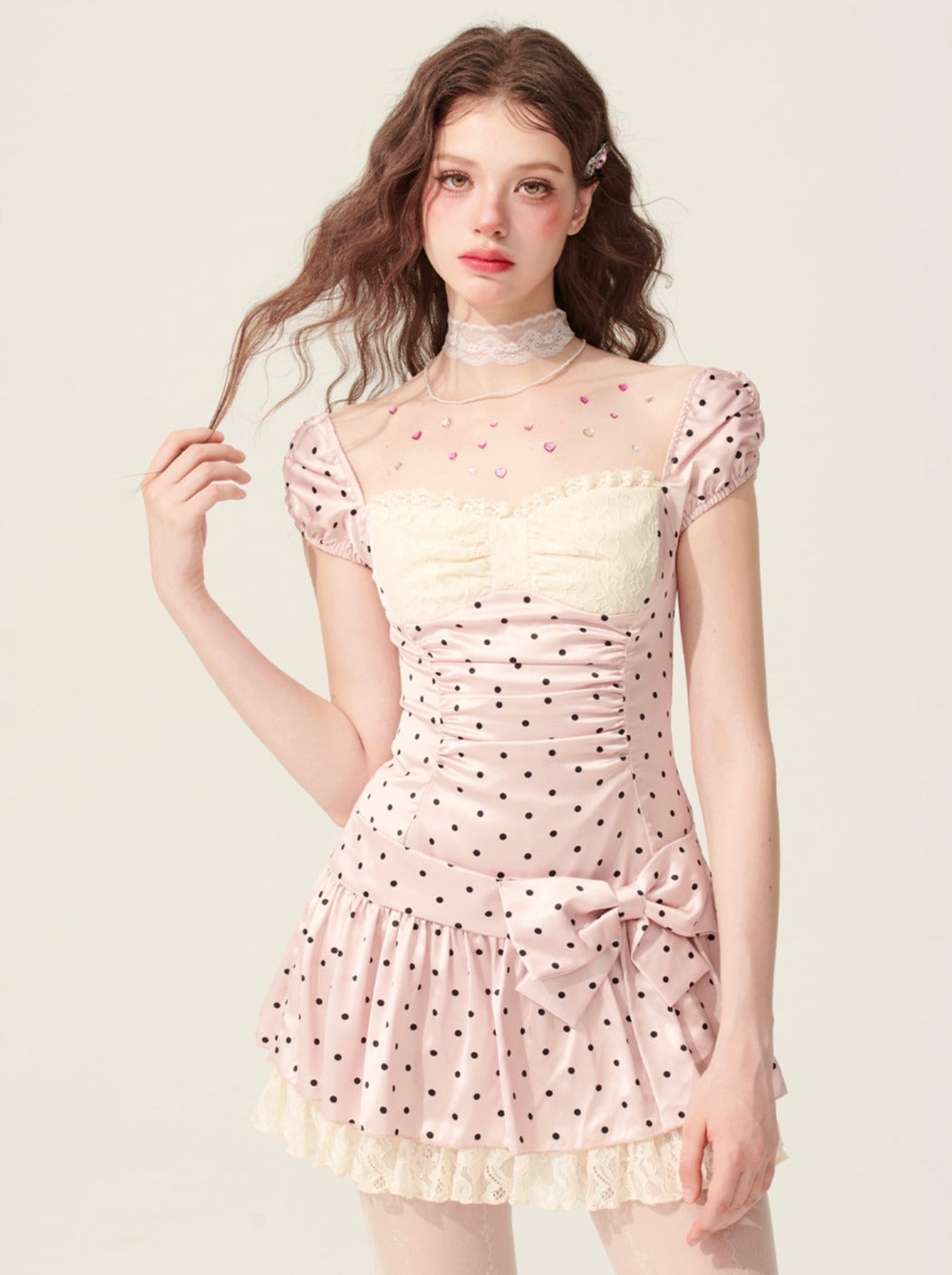 [En vente le 31 mai à 20 heures] less eye pink mist pinch white pink slip dress women's summer short skirt polka dots