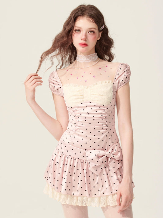 [On sale at 20 o'clock on May 31st] less eye pink mist pinch white pink slip dress women's summer short skirt polka dots