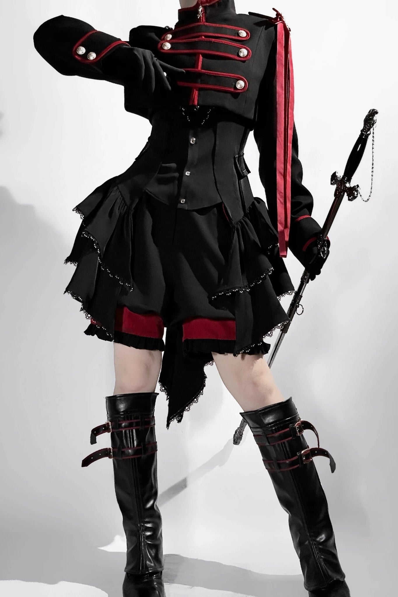 【9月13日予約締切】Black Red Military Ruffle Lolita Jacket (with epaulet bow) + Shirt + Short Skirt Set / Shorts Set + Complete set 1/2 (Officer cap + Leg covers + Sash)
