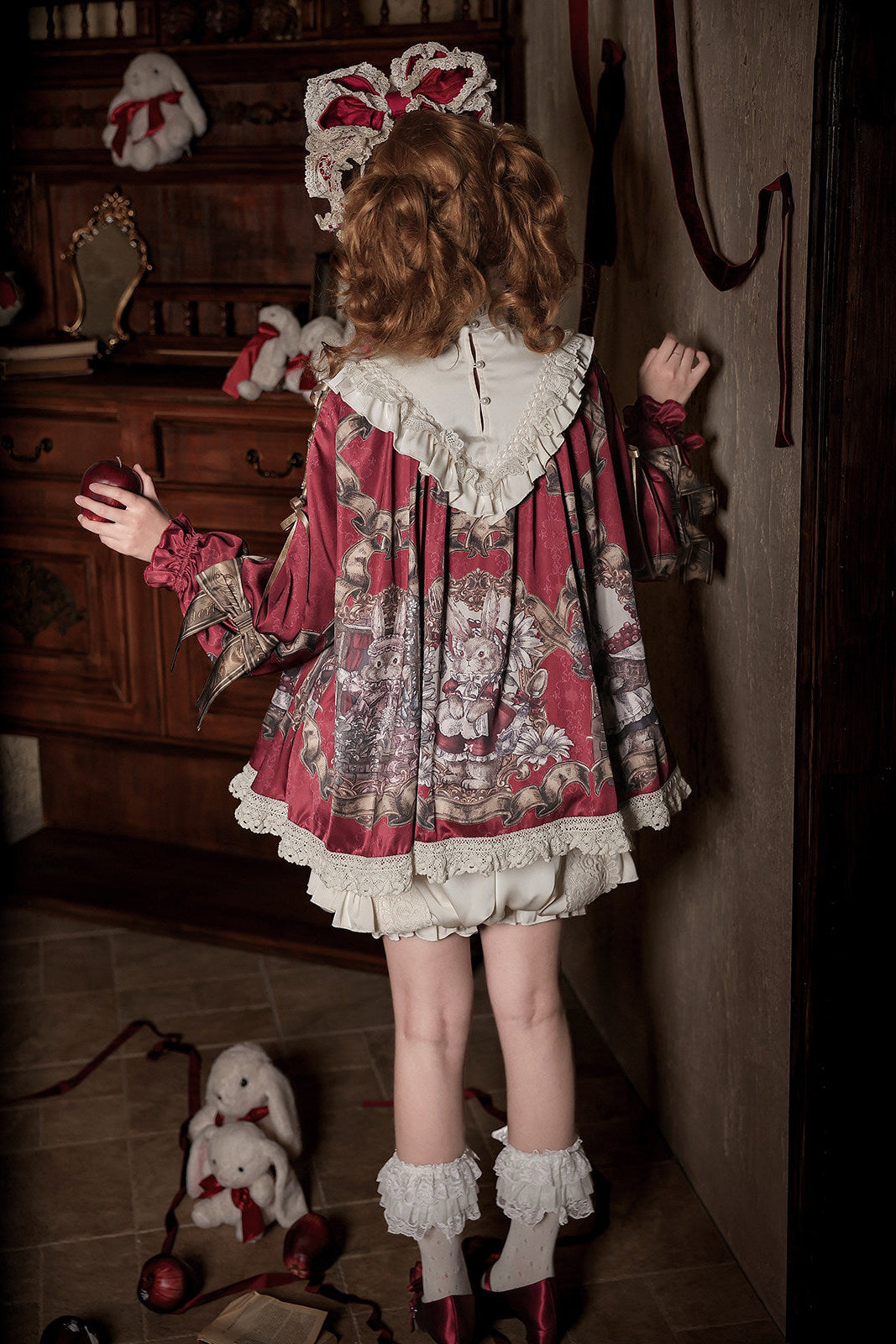 【11月3日予約締切】Antique Bow Burgundy Rabbit Print Frill Doll Dress + Shorts Set