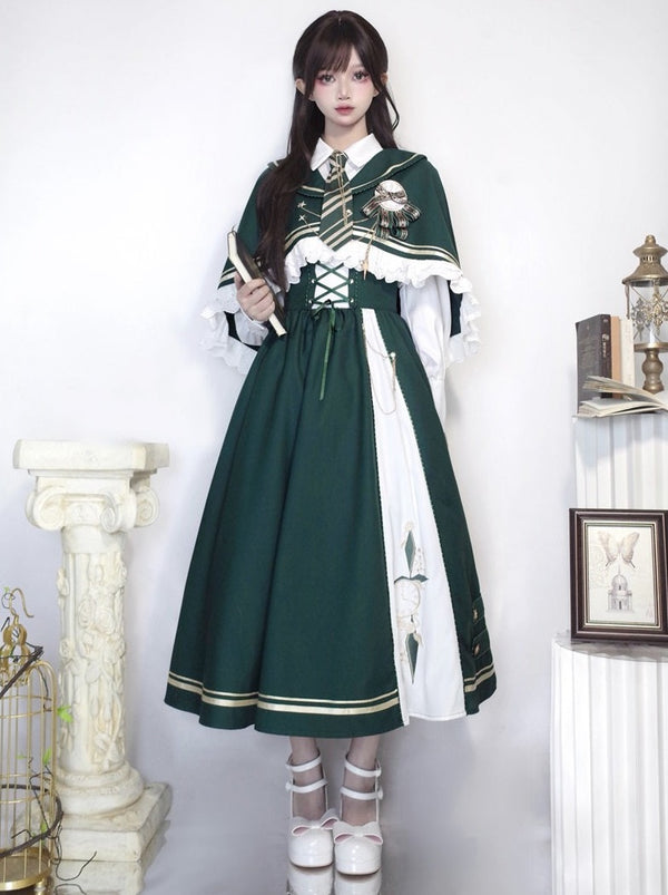 New Time Traveler short cape + blouse + lace-up flared skirt