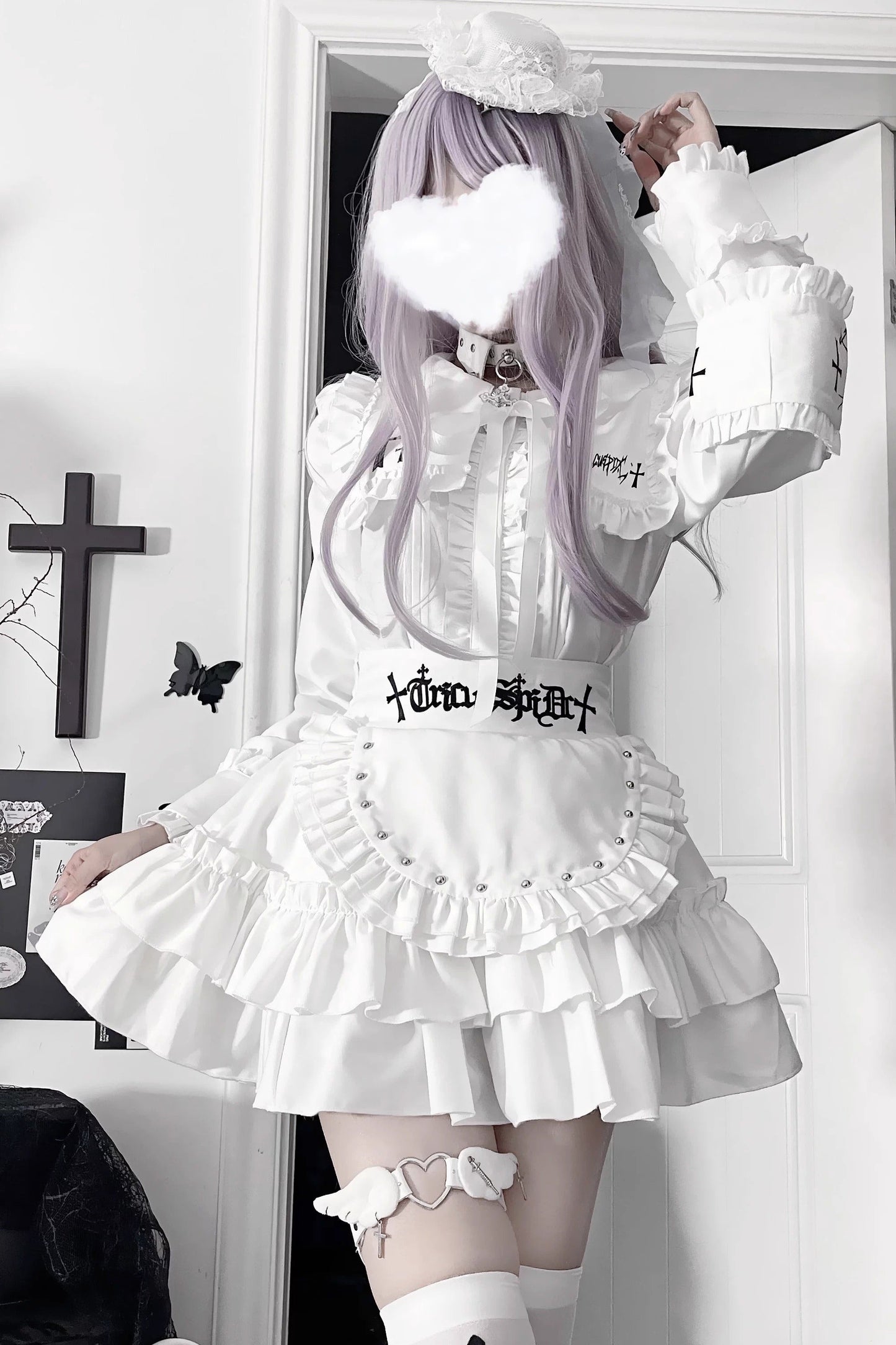 ライトアジアダークスリムロングスリーブトップス+フェイクエプロンショートスカート