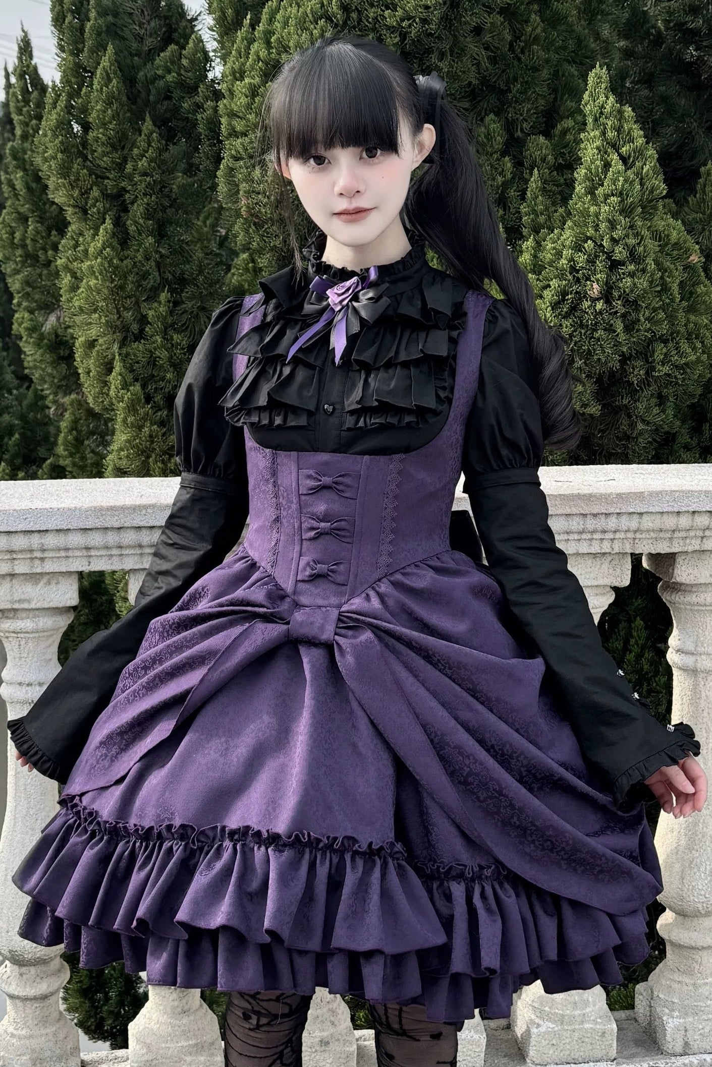 【4月18日予約締切】ダークゴシックロリータスタンドカラーパフスリーブラッフルシャツ（ロングスリーブ付き）