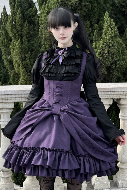 【4月18日予約締切】ダークゴシックロリータスタンドカラーパフスリーブラッフルシャツ（ロングスリーブ付き）