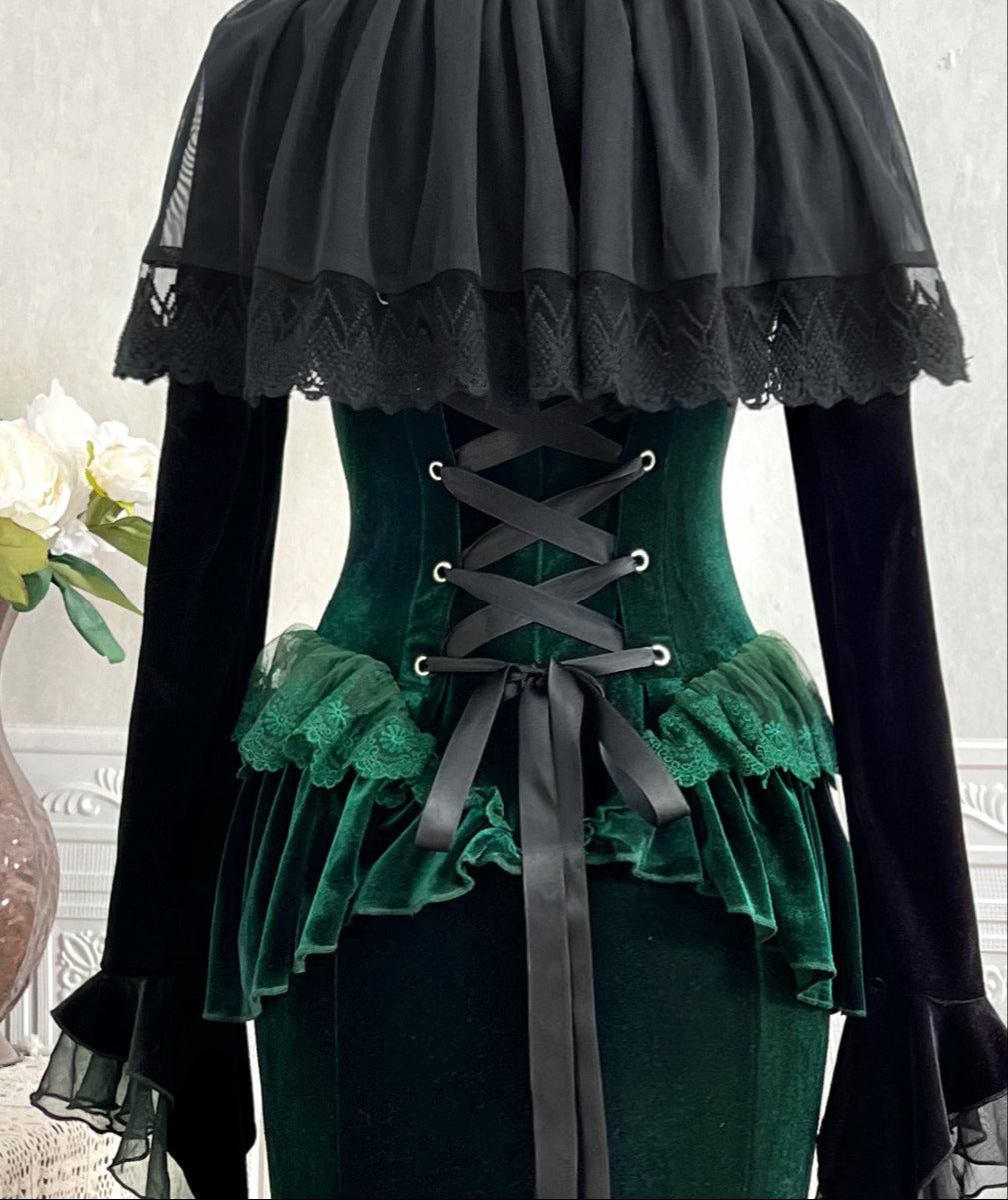 Dark Forest Lolita Elegant Fishtail Dress + Long Sleeve Short Cape