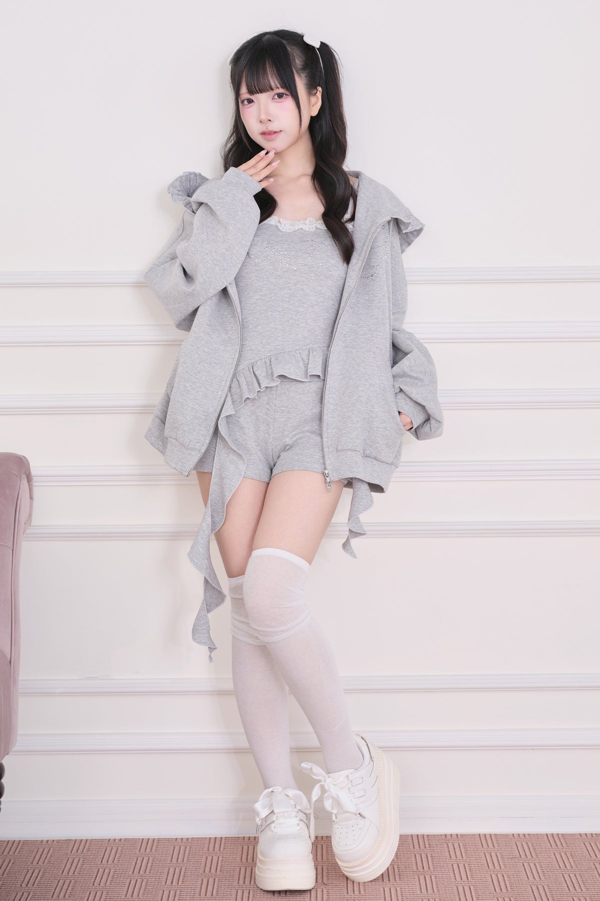 Lace Subculture Hooded Sweatshirt + Camisole + Shorts + Long Pants
