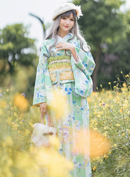 Floral green girly feminine summer festival yukata 9 piece set 