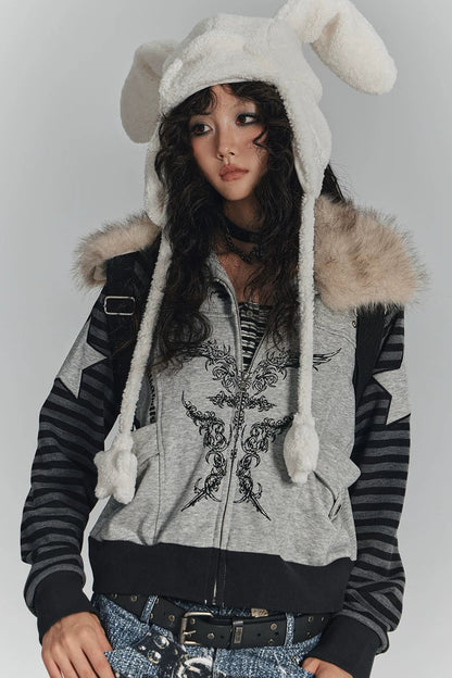 ファーカラーーパッチワークショートジャケット