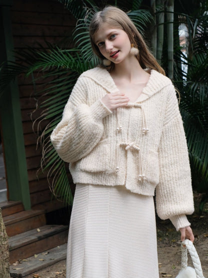 Queen Puff Milk Apricot French Horn Buckle Cardigan