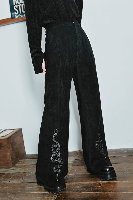 Weird House "Scale Realm" chenille embroidered bootcut pants for women's autumn and winter retro high-waisted national style black snake print pants