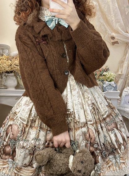 Ruffle Ribbon Lantern Sleeve Knit Cardigan