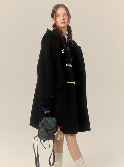 College Style Hooded Mid Length Horn Button Wool Coat