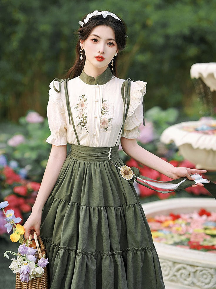 Dark Green Sass Skirt + Flower Blouse