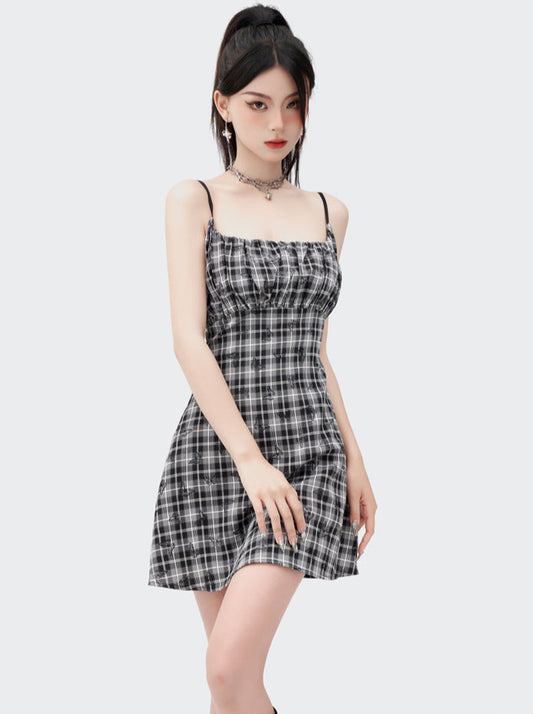 Square neck check butterfly French sass dress
