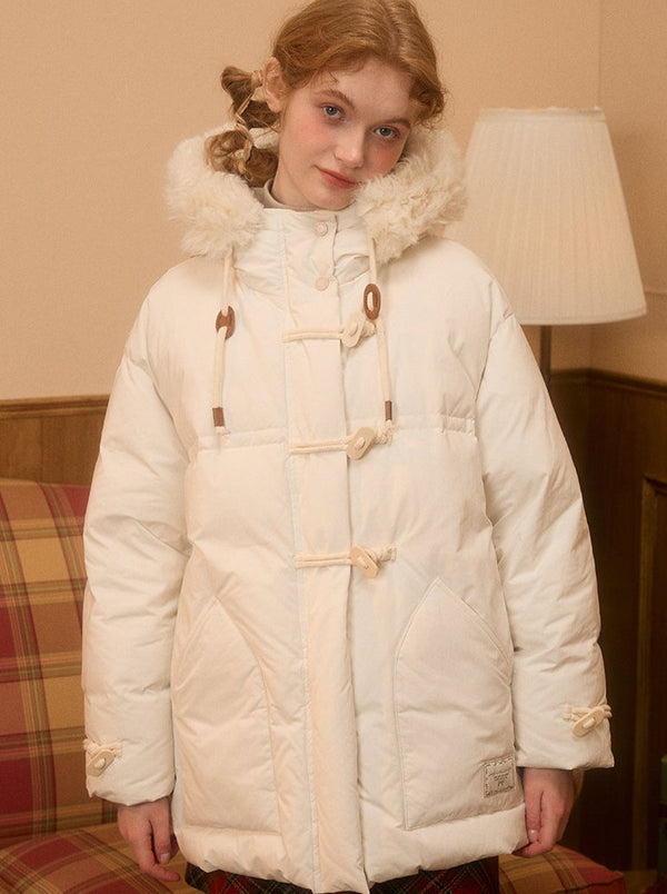 レトロホーンボタンビッグファーフードダウンジャケット