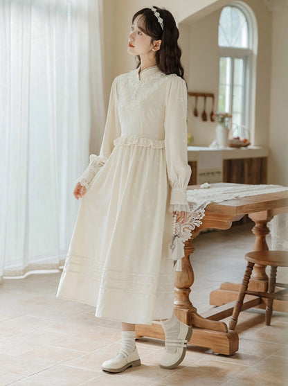 Milk Ruffle Flared Long Dress + Garden Cardigan