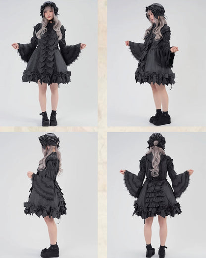 [November 15 Reservation Deadline] Black Gothic Doll-Style Front-And-Back Two-Way Ruffle Ribbon Lolita Dress (Short/Long) + Matching Shorts (Short/Long) + BB Hat