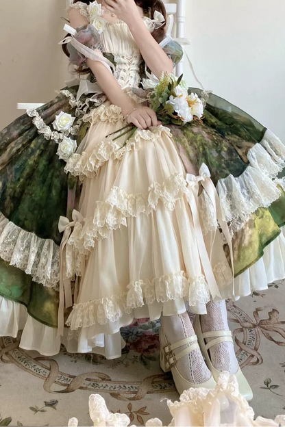 【8月23日予約締切】Elegant Forest Floral Oil Painting Print Classical Lolita Tiered JKS Dress Type 1/2