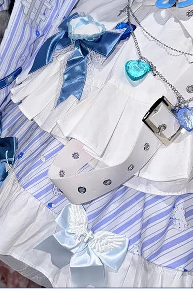 【11月5日予約締切】Blue White Striped Medical Lolita Nurse Sickly Kawaii Dress Suit Full Set (Shirt + Skirt + Apron + Back Ribbon + Leg Covers)