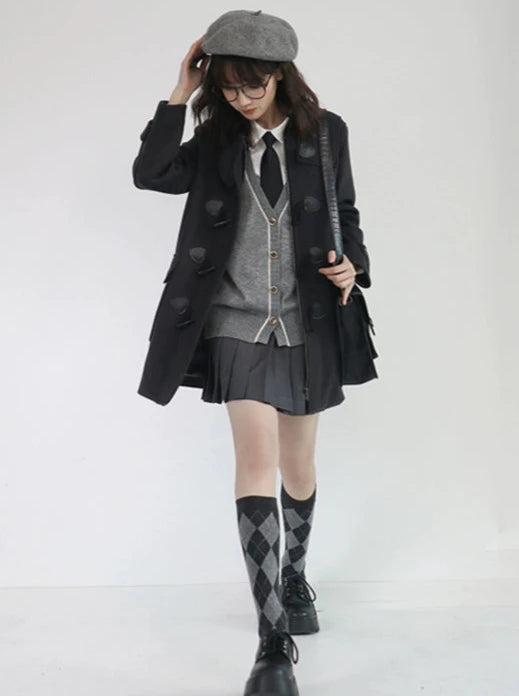 College Style Horn Button Coat Wool Coat