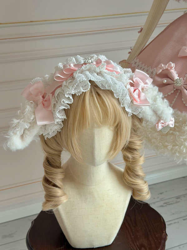 【11月7日予約締切】Yellow/Pink Sweet Lolita Ribbon Lace Headband With Lamb Ear Accent + Fluffy Lamb Brooch