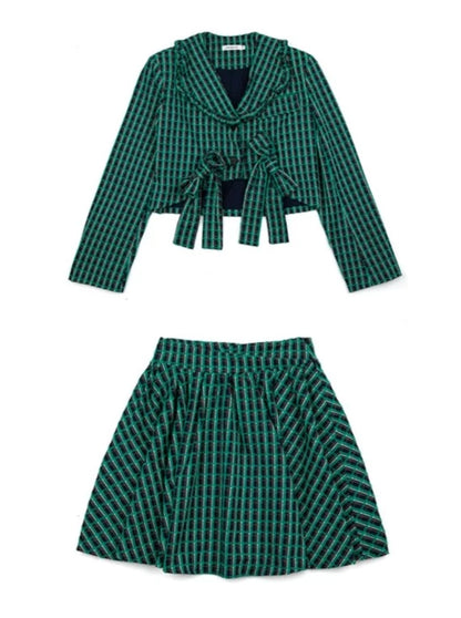 Retro Check Short Jacket + Flared Skirt