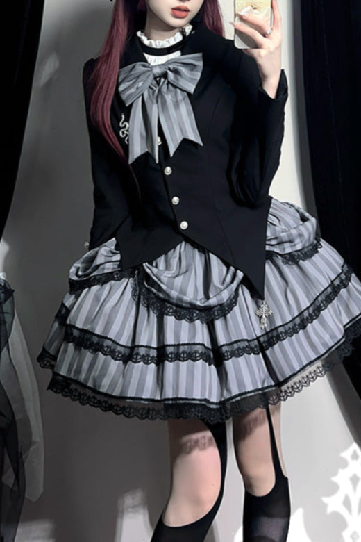 Striped gothic skirt + asymmetrical fitted jacket + jumper skirt