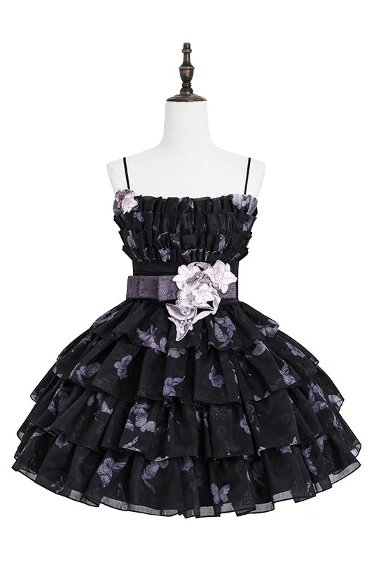 [Scadenza prenotazione 98] Mini abito dolce Lolita a balze con ricamo di gigli, fiocco e farfalla Black x Purple / White x Purple