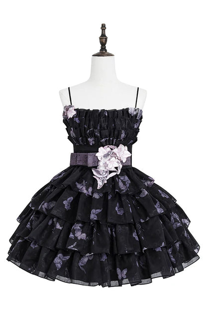 [Scadenza prenotazione 98] Mini abito dolce Lolita a balze con ricamo di gigli, fiocco e farfalla Black x Purple / White x Purple