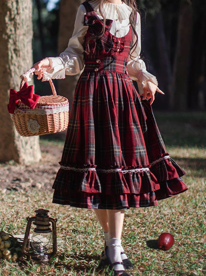 Little Red Riding Hood Cape Ribbon Coat + Pleated Collar Shirt + Check Tiered Dress + Head Scarf