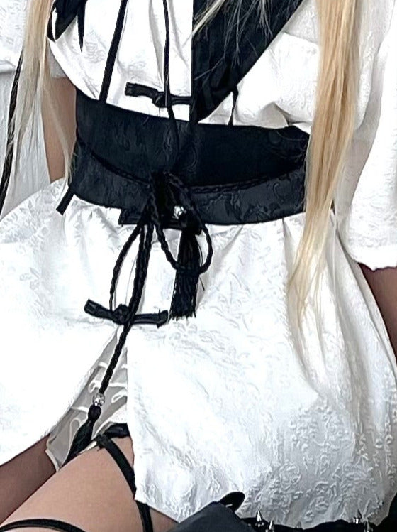 China Dark Pattern Buckle Shirt + Faux Collar + Belt [Short Sleeve, Long Sleeve].