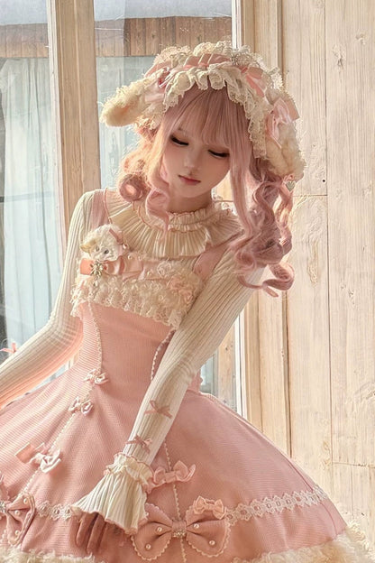 【11月7日予約締切】Yellow/Pink Sweet Lolita Ribbon Lace Headband With Lamb Ear Accent + Fluffy Lamb Brooch