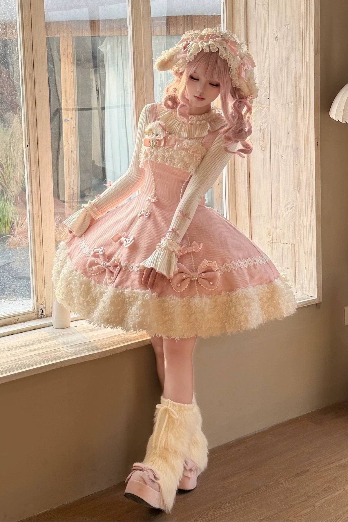 【11月7日予約締切】Yellow/Pink Sweet Lolita Lace Ribbon Fluffy Hem JSK Dress + Ruffle Neck Ribbed Bell Sleeve Top
