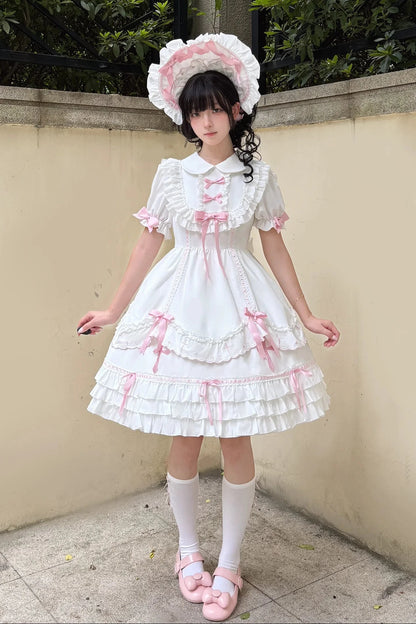 【10月4日予約締切】Blue & White / Pink & White Gothic-Inspired Sweet Lolita Ribbon Ruffle Dress＋Cross Embroidery Ribbon Cape