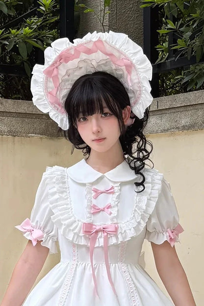 【10月4日予約締切】Four-color Gothic-style Sweet Lolita Cross Embroidery Ribbon Bonnet + Ruffle Scarf Headband