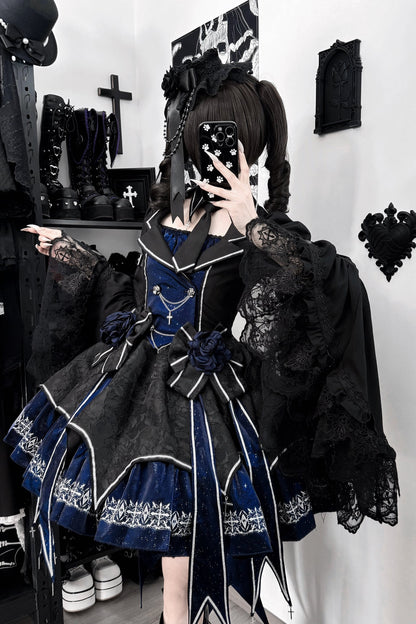 [Pre-order Deadline: April 11] Blue Red Noir Dark Gothic Lolita Jacket Dress Princess Sleeve Full Set + Matching Set
