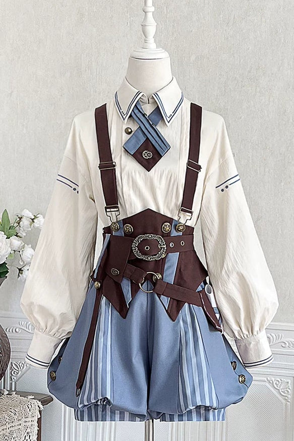 【10月2日予約締切】Vintage Prince Ivory Shirt + Blue Stripe Shorts + Brown Suspender Corset + Waist Belt + Full Set